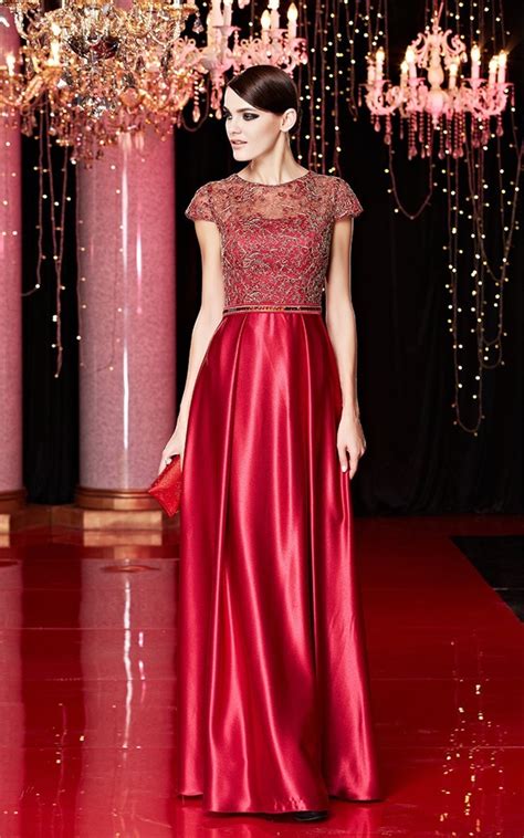 Stunning Sheath Cap Sleeve Long Red Silk Satin Lace Evening Dress With Belt