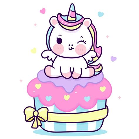 Cute Unicorn Vector Sit On Birthday Cupcake Pony Cartoon Pastel