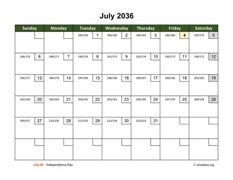 July 2036 Calendar With Day Numbers