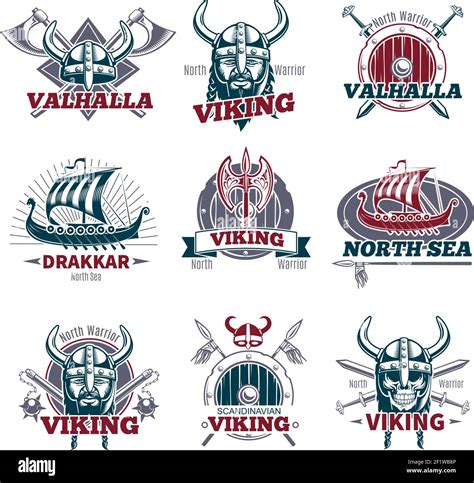 Coloridas Etiquetas Vikingas Con Elementos Escandinavos Y Armas