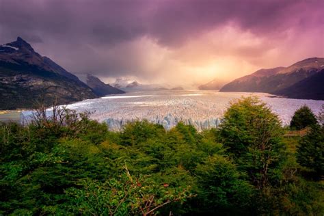 Sunset In Perito Moreno Glacier In Patagonia Argentina City Of El