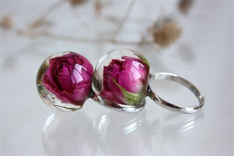 Pink Rose Epoxy Resin Ring With Dry Rose Epoxy Resin Ring Ringt Sphere Real Flower Ring