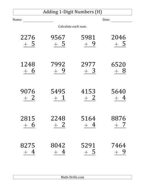 Large Print 4 Digit Plus 1 Digit Addition With Some Regrouping H