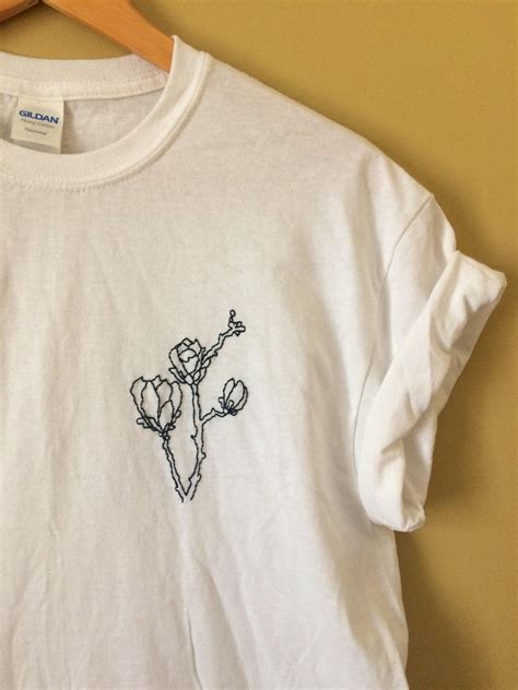 Rosebud Shirt Hand Embroidered Cotton Tshirt Minimal Line Art
