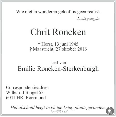 Echtgenote van jules de laet (+) moeder van jeannine de laet. Chrit Roncken 27-10-2016 overlijdensbericht en ...