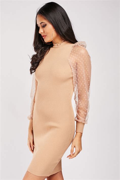 Mesh Sleeve Ribbed Bodycon Dress Just