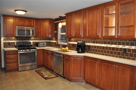 My New Kitchen Cherry Cabinets Ceramic Tile Floor And Solid Surface