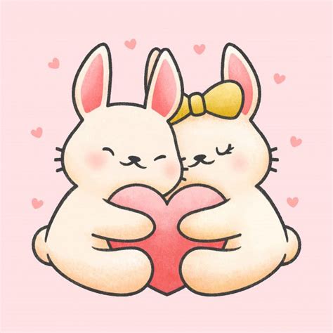 Cute Rabbit Couple Hugging Heart Cartoon Hand Drawn Style In 2020