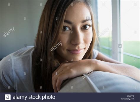 Close Up Portrait Confident Young Woman Stock Photo Alamy