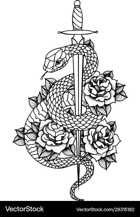 Tattoo With Roses And Snake Sword And Dagger Vector Image