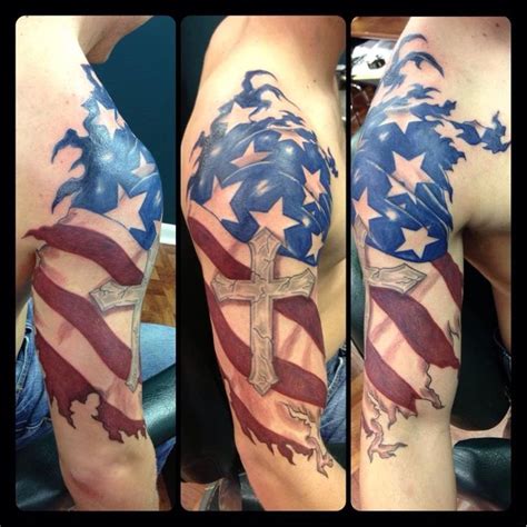 Grey bald eagle carrying american flag tattoo on shoulder. Pin by Alex Fuentes on Home | Half sleeve tattoo, Sleeve ...