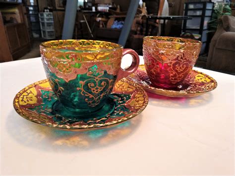Indian Set Of Hand Painted Glass Teacups And Saucers Emerald Etsy