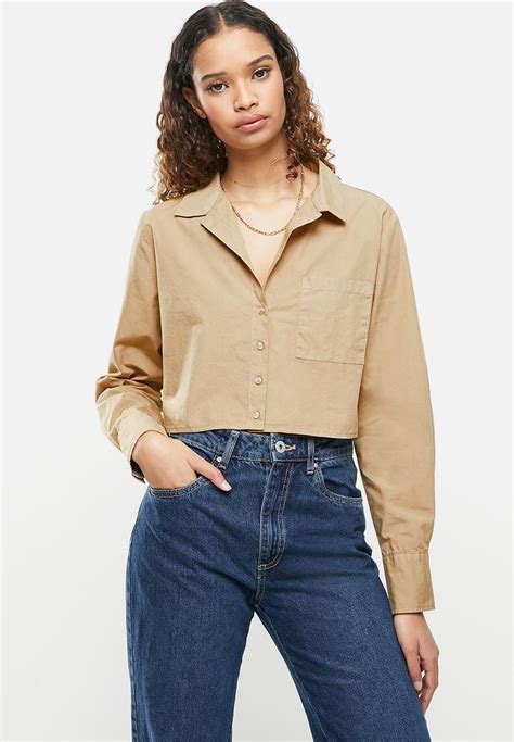 Cropped Long Sleeve Shirt Caramel Brown Cotton On Shirts