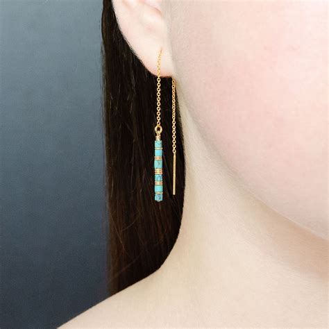 Turquoise Threader Earrings K Gold Ear Threaders Blue Etsy