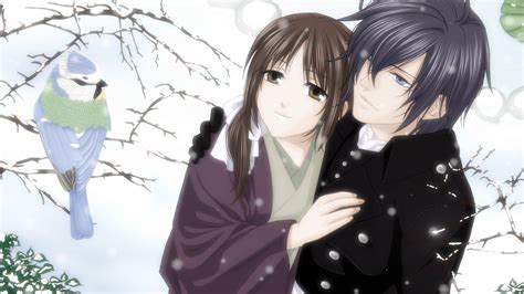 Wallpaper Anime Snow Winter Black Hair Couple Hakuouki