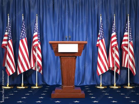 Podium Speaker Tribune With Usa Flags Briefing Of President Of United