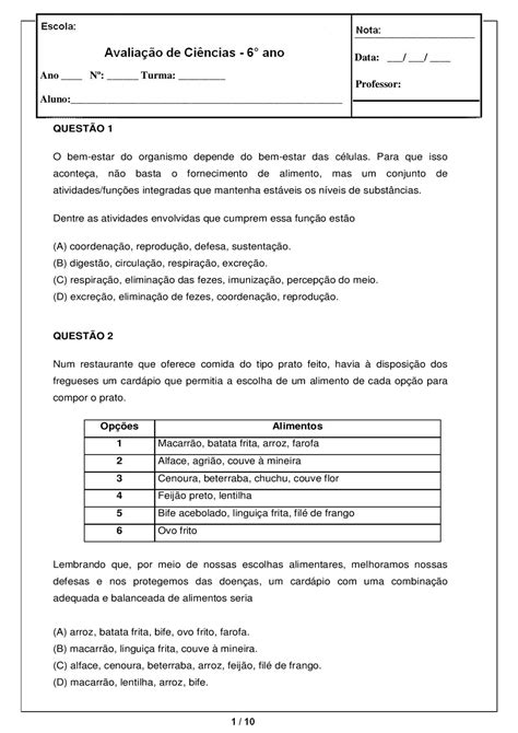 Prova De Ciências 6 Ano 2 Bimestre