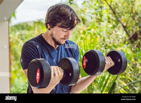 Bicep Curl Weight Training Fitness Man Outside Working Out Arms