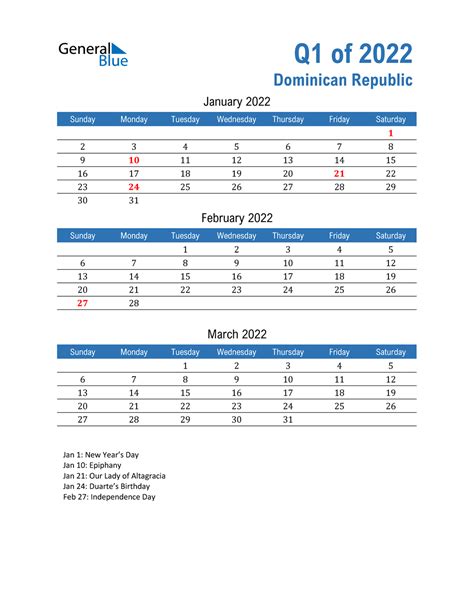 Q1 2022 Quarterly Calendar With Dominican Republic Holidays