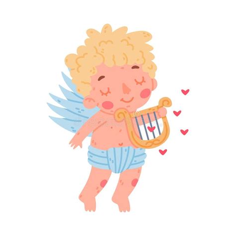 Cute Baby Cupid With Harp Blond Little Boy Angel Character With Wings