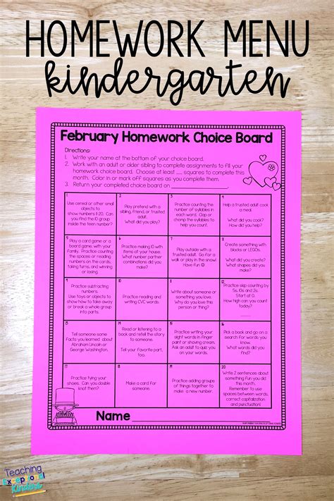 Kindergarten Homework Choice Menu February Choice Boards Homework