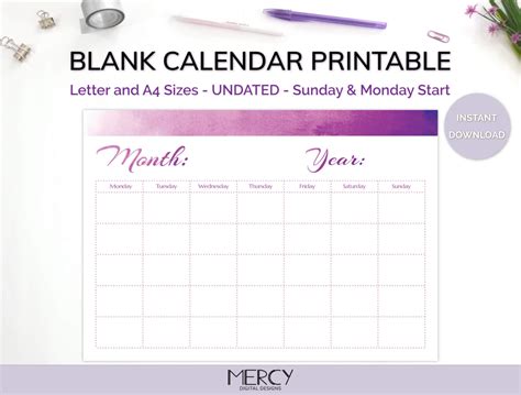 Undated Calendar Printable Landscape • Mercy Digital Designs