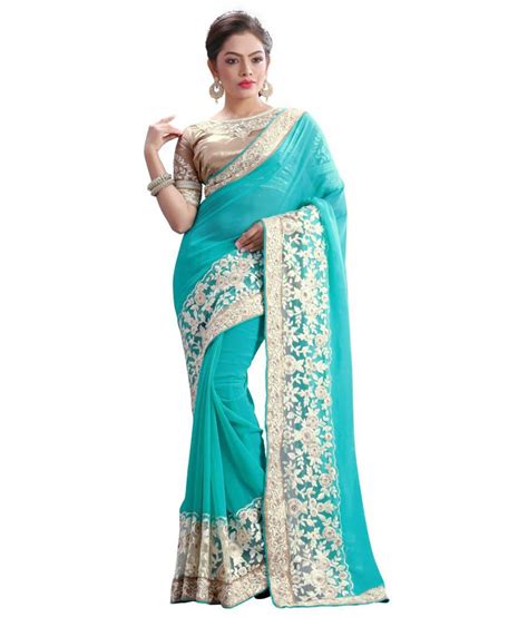 Neo Designer Fashion Sarees Green And Blue And Beige Faux Georgette