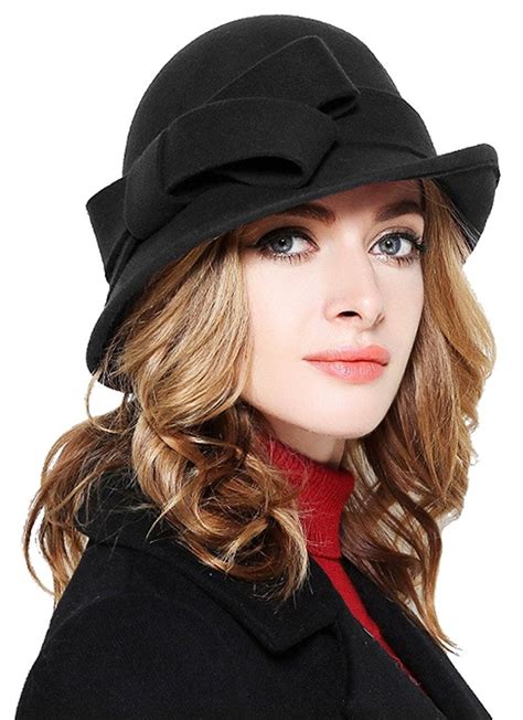 Women Solid Color Winter Hat 100 Wool Cloche Bucket With Bow Accent