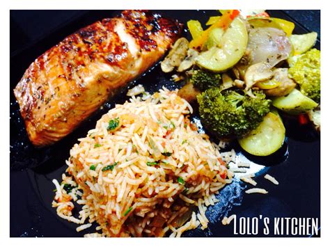 Mix salmon, rice, eggs, onion, salt and. Super glazed salmon with Spanish rice and oven baked ...