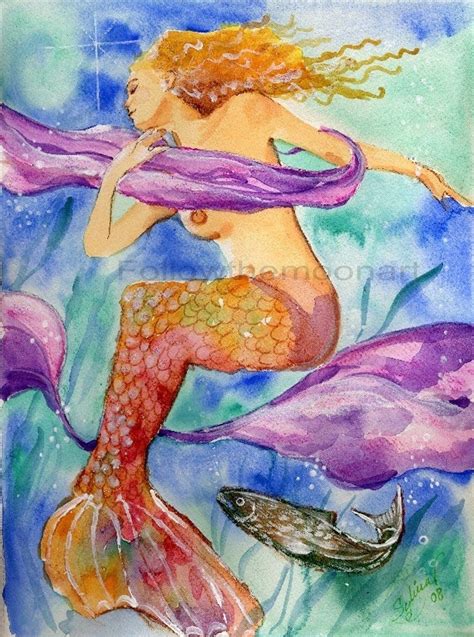 Swimming Watercolor Golden Curly Hair Mermaid Purple And Blues Etsy