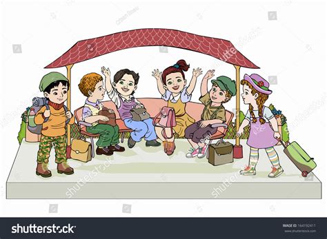 Vector Illustration Group Of Kids Waiting In Station Cartoon Concept