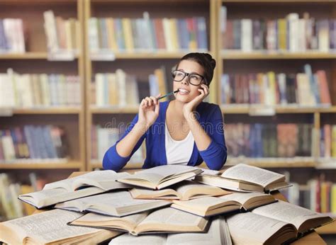 Woman In Library Student Study Opened Books Studying Girl Stock Image