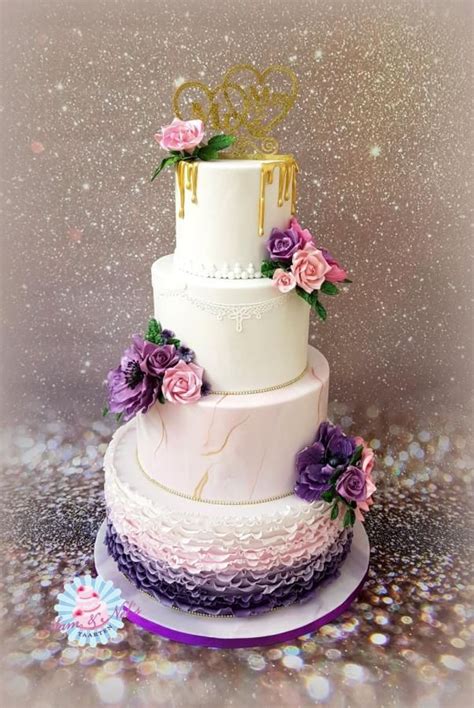 Purple Gold Weddingcake With Sugarflowers Tiered Wedding Cake