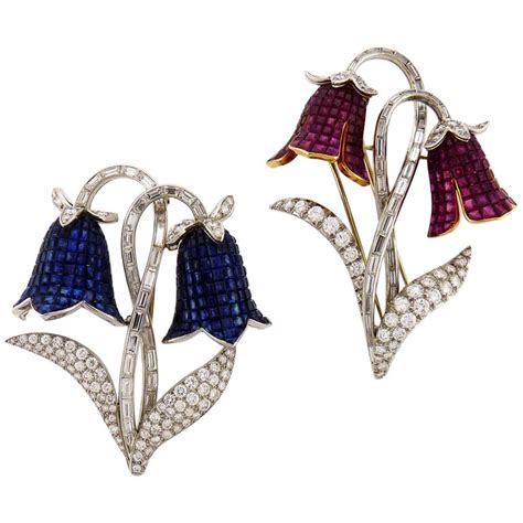 Set Of Two Diamond Sapphire Ruby Flower Brooches France For Sale At