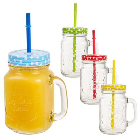 4 X 400ml Glass Drinking Cups Mason Jars With Handle And Straw Jar Colour Lids Set Ebay