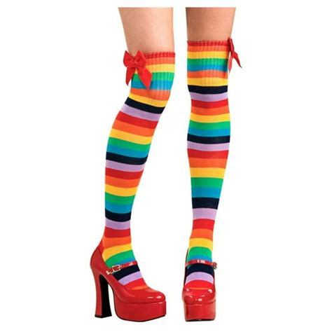 Womens Striped Multicolor Rainbow Thigh Highs Costume Stockings