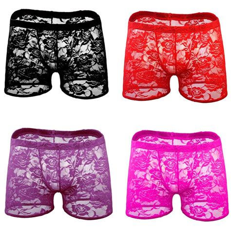 Sexy Gay Mens Lingerie Sheer Lace Boxer Shorts Rose Flowers Underwear