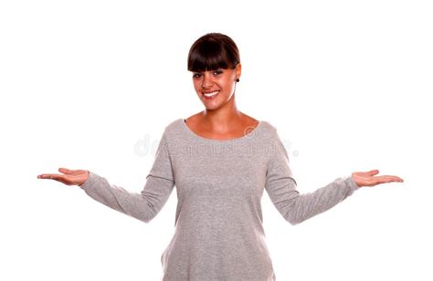 Smiling Young Woman With The Palms Upward Stock Image Image Of Fresh