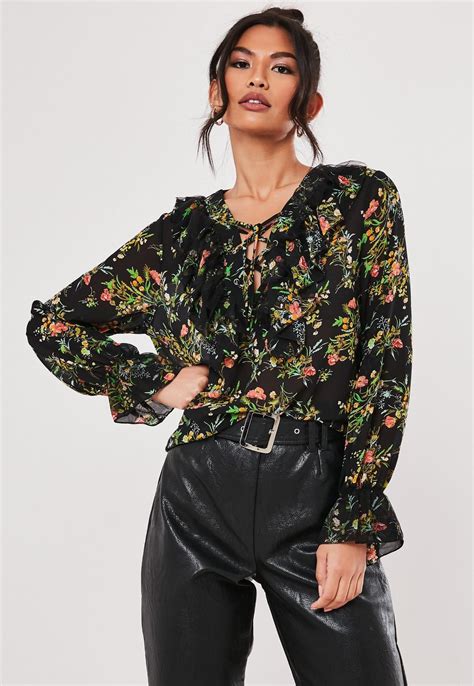 Black Floral Print Lace Up Blouse | Missguided