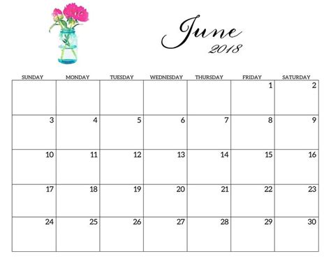 Cute Printable 2018 Calendar June June Calendar Printable Printable