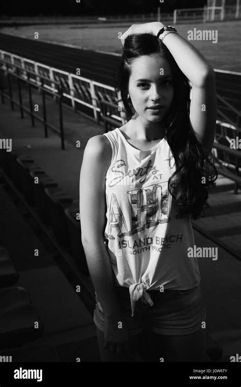 Girl Having Fun Outdoor Pretty Girl Sitting At School Stadium Rest