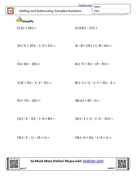 Complex Numbers Adding And Subtracting Worksheet