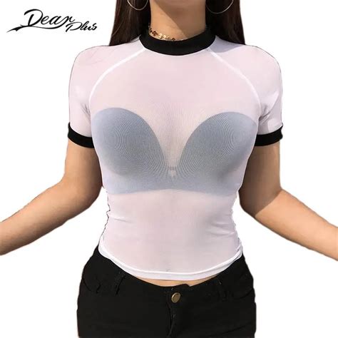Women Sexy See Through T Shirts 2018 Summer Tops Ladies Navel Bare Mesh Patchwork Round Neck