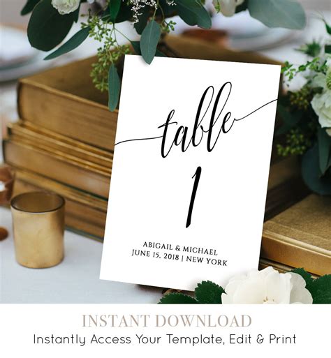 Wedding Table Number Card Template Calligraphy Editable Printable