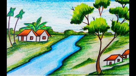 How To Draw A Village Scenery For Kids Step By Step Easy Drawing
