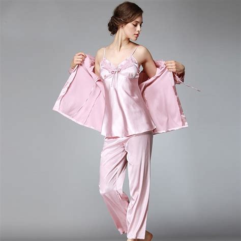 3 Pieces Women Silk Satin Sleepwear Set Solid Pajama Set V Neck Pijama