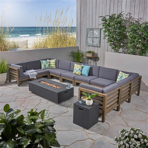 frankie outdoor 12 piece acacia wood u shaped sectional sofa set with cushions and fire pit