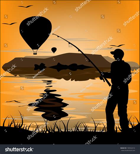 Silhouette Fisherman Sunset Flying Balloons Stock Vector Royalty Free