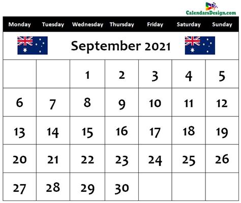 September 2021 Calendar Australia