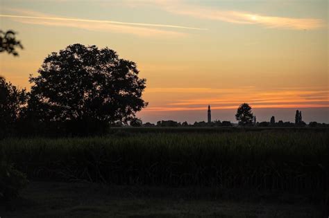 Premium Photo Orange Sunset Landscape Country Field